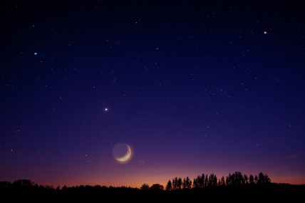 The crescent moon and stars from above the trees