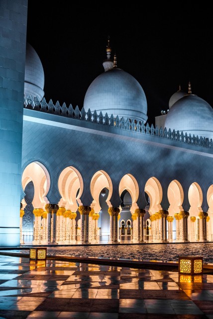 Lights illuminate the mosque